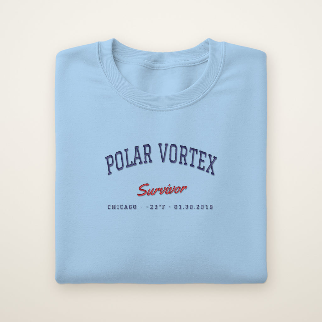Polar Vortex Survivor Chicago embroidered crewneck sweatshirt, Light Blue, navy and red embroidery