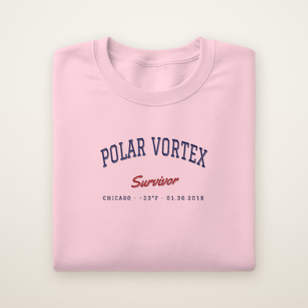 Polar Vortex Survivor Chicago embroidered crewneck sweatshirt, Light Pink, navy and red embroidery