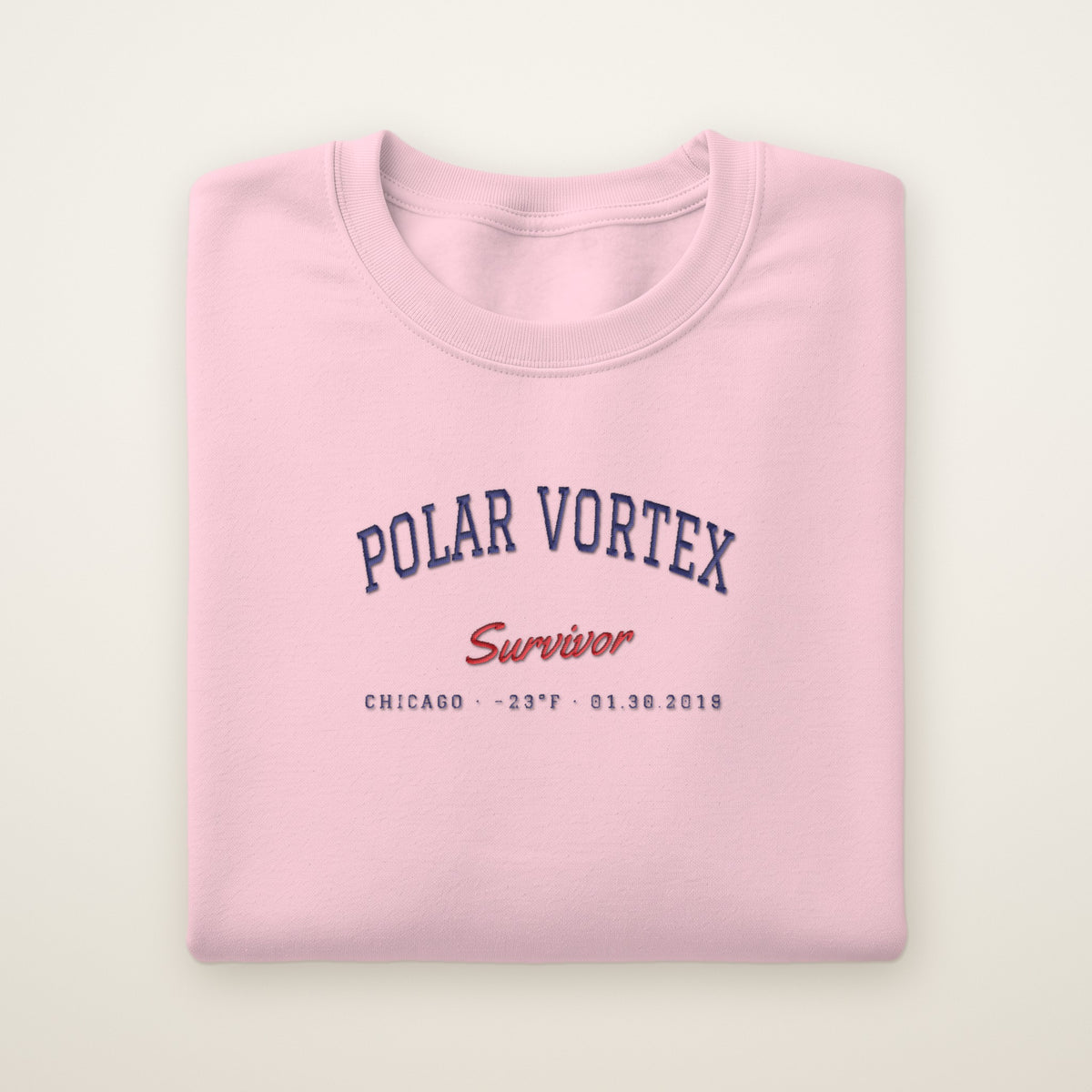 Polar Vortex Survivor Chicago embroidered crewneck sweatshirt, Light Pink, navy and red embroidery
