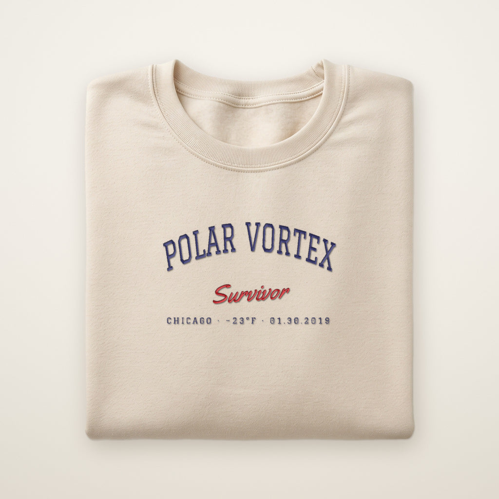 Polar Vortex Survivor Chicago embroidered crewneck sweatshirt, Sand, navy and red embroidery