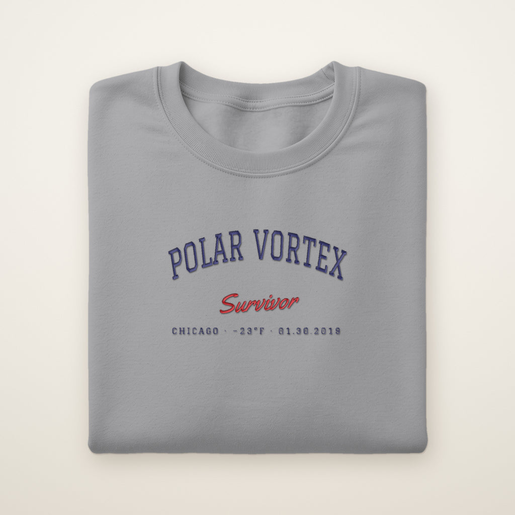 Polar Vortex Survivor Chicago embroidered crewneck sweatshirt, Sport Grey, navy and red embroidery
