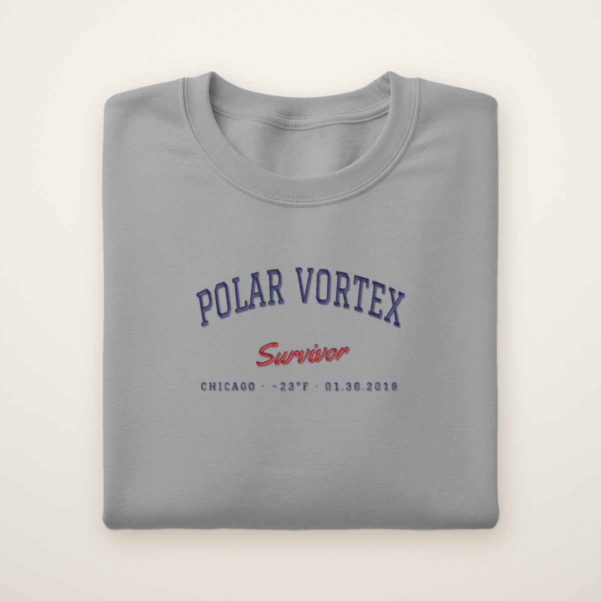 Polar Vortex Survivor Chicago embroidered crewneck sweatshirt, Sport Grey, navy and red embroidery