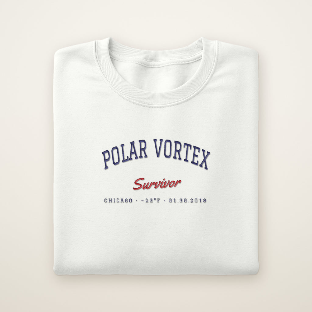 Polar Vortex Survivor Chicago embroidered crewneck sweatshirt, White, navy and red embroidery
