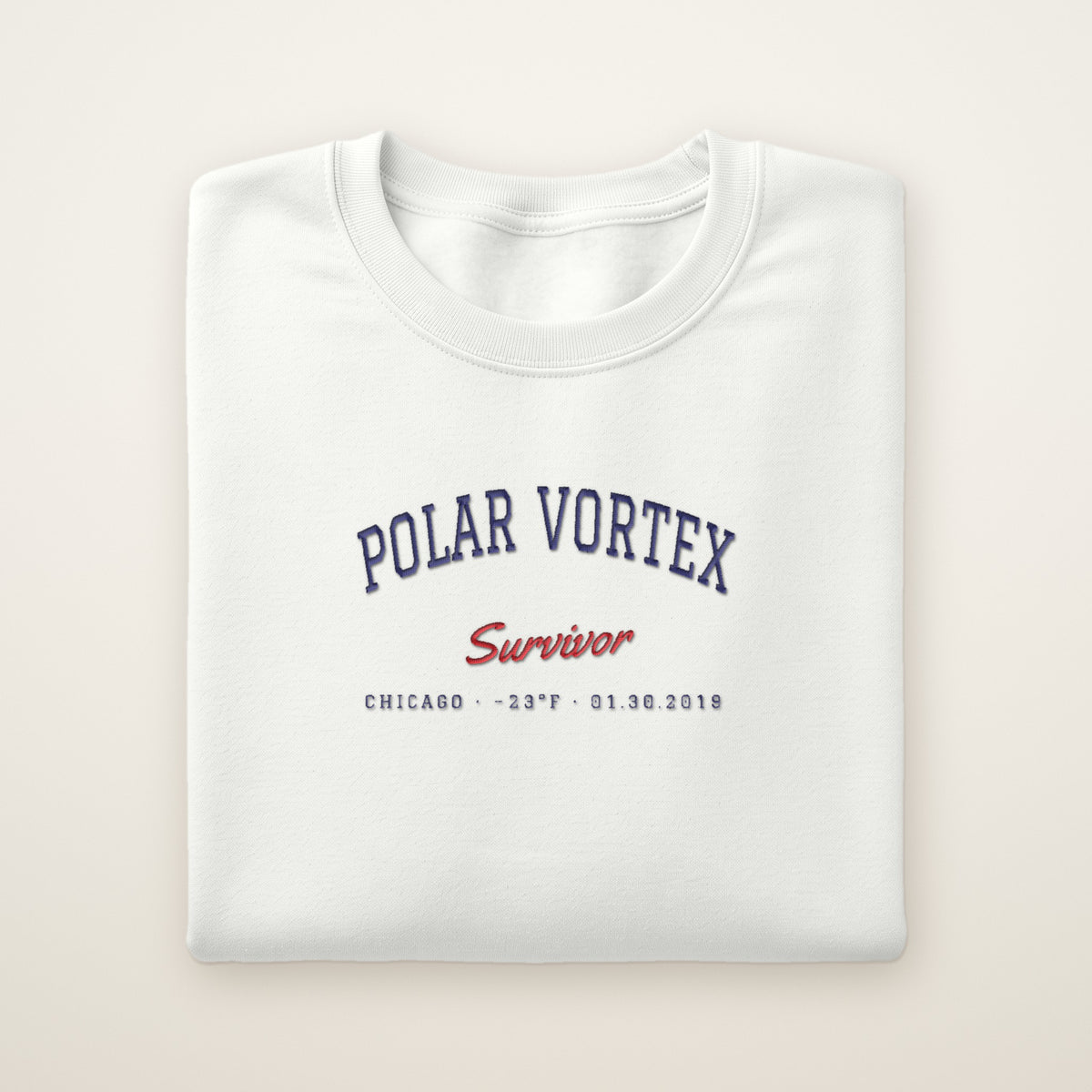 Polar Vortex Survivor Chicago embroidered crewneck sweatshirt, White, navy and red embroidery