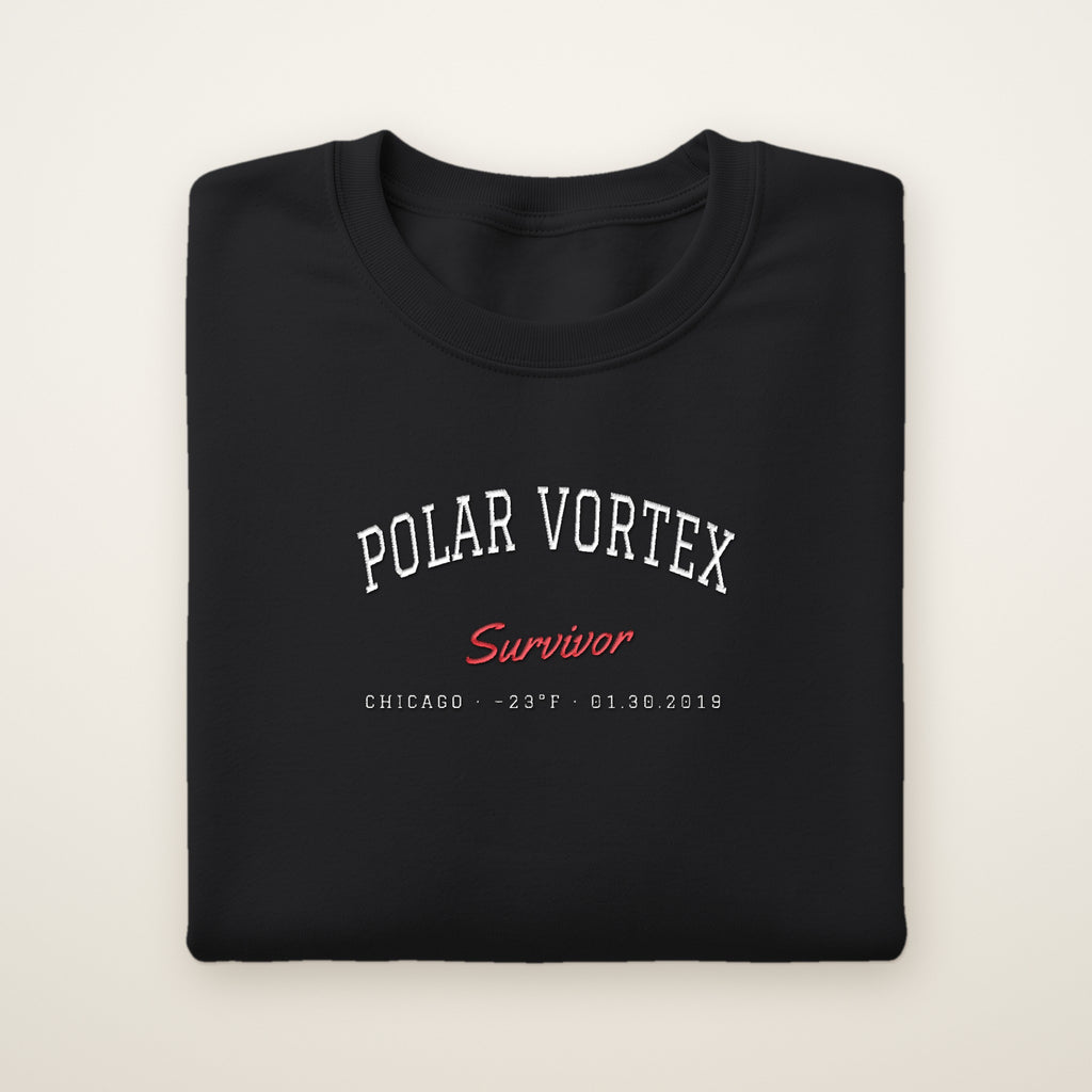Polar Vortex Survivor Chicago embroidered crewneck sweatshirt, Black, white and red embroidery