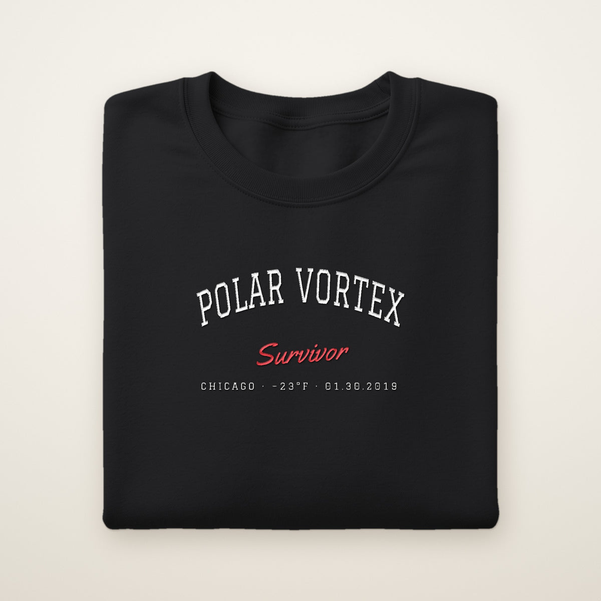 Polar Vortex Survivor Chicago embroidered crewneck sweatshirt, Black, white and red embroidery