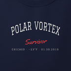Close-up of white and red satin-stitch Polar Vortex Survivor embroidery