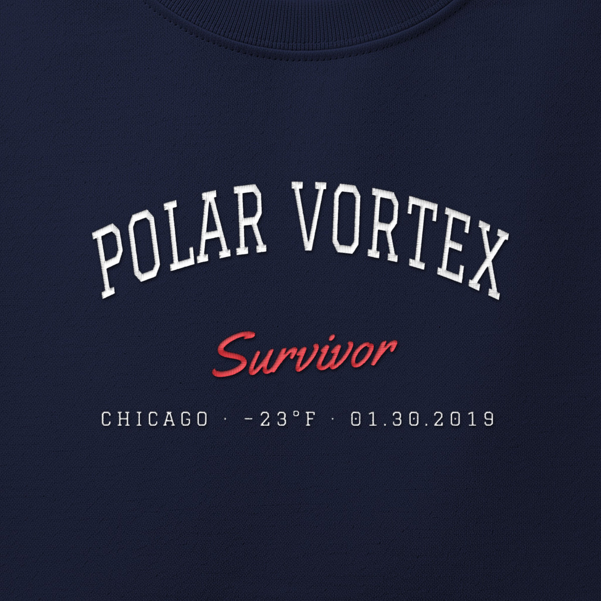 Close-up of white and red satin-stitch Polar Vortex Survivor embroidery