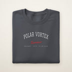Polar Vortex Survivor Chicago embroidered crewneck sweatshirt, Dark Heather, white and red embroidery