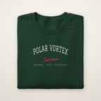 Polar Vortex Survivor Chicago embroidered crewneck sweatshirt, Forest Green, white and red embroidery