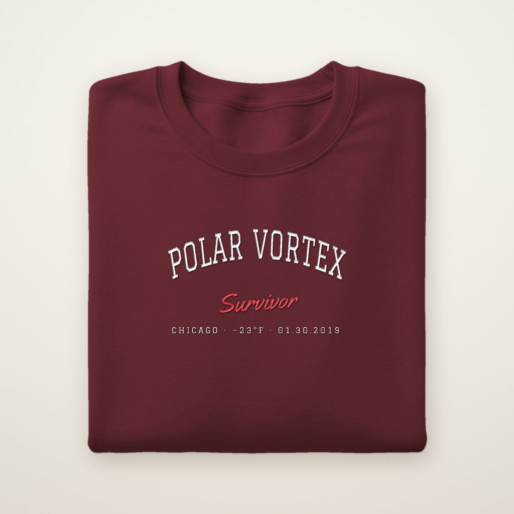 Polar Vortex Survivor Chicago embroidered crewneck sweatshirt, Maroon, white and red embroidery