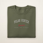 Polar Vortex Survivor Chicago embroidered crewneck sweatshirt, Military Green, white and red embroidery