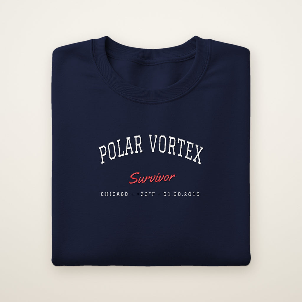 Polar Vortex Survivor Chicago embroidered crewneck sweatshirt, Navy, white and red embroidery