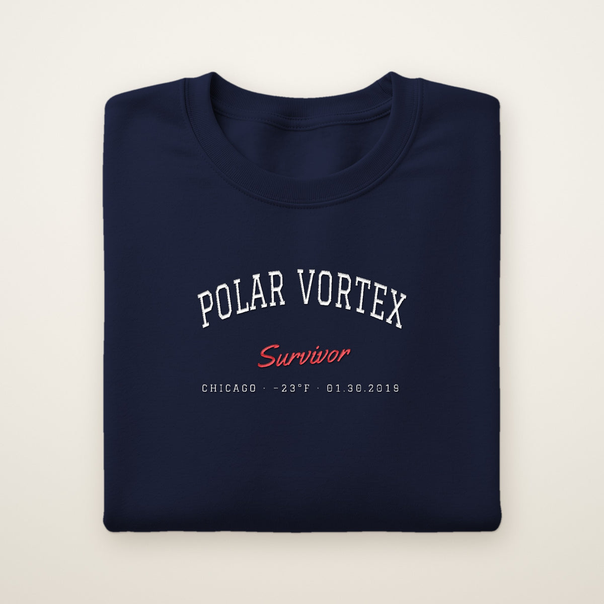 Polar Vortex Survivor Chicago embroidered crewneck sweatshirt, Navy, white and red embroidery