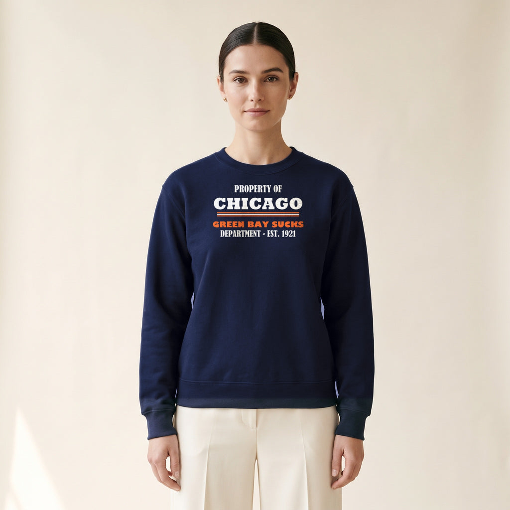 Model wearing the Property of Chicago Crewneck — Green Bay Sucks Dept. in Navy