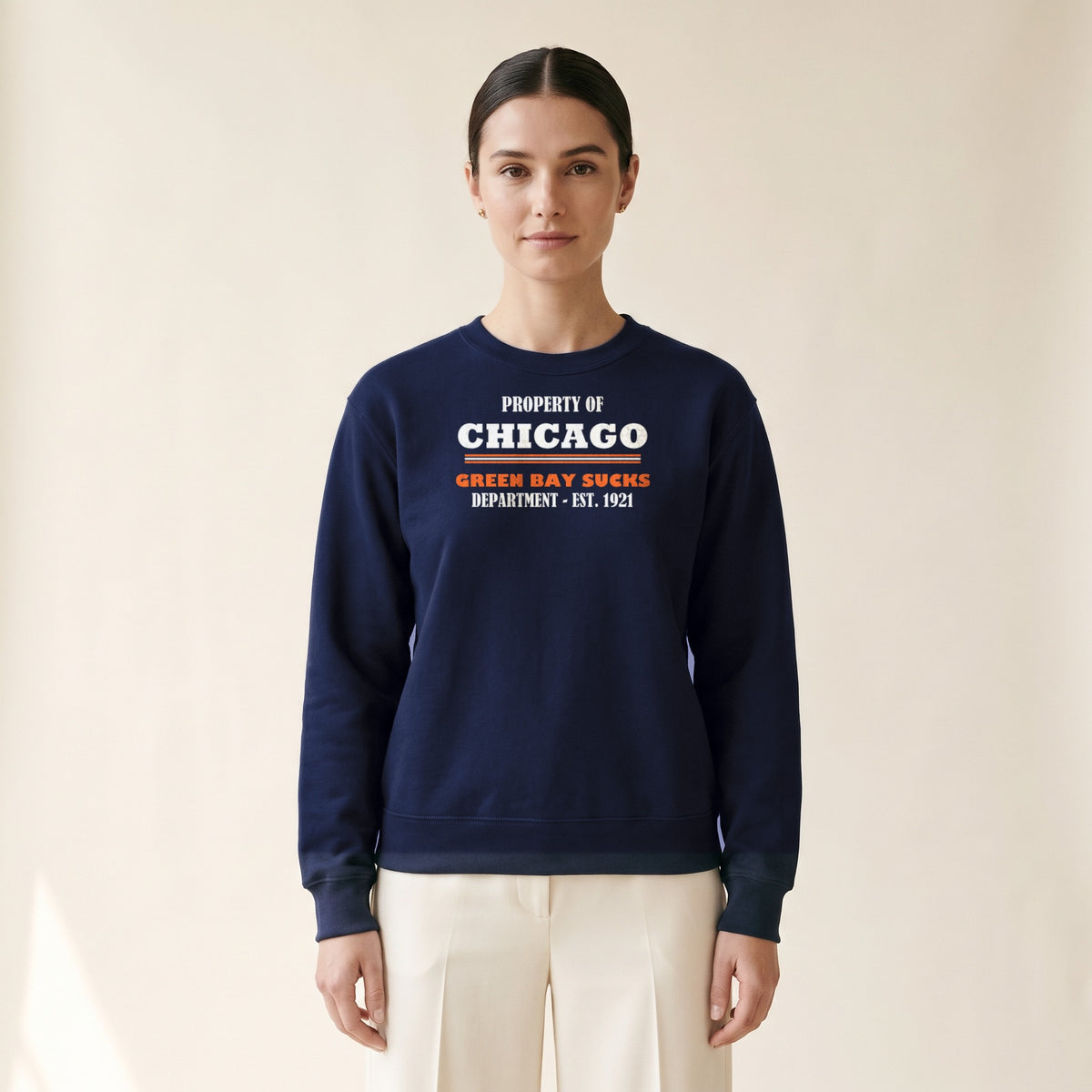 Model wearing the Property of Chicago Crewneck — Green Bay Sucks Dept. in Navy