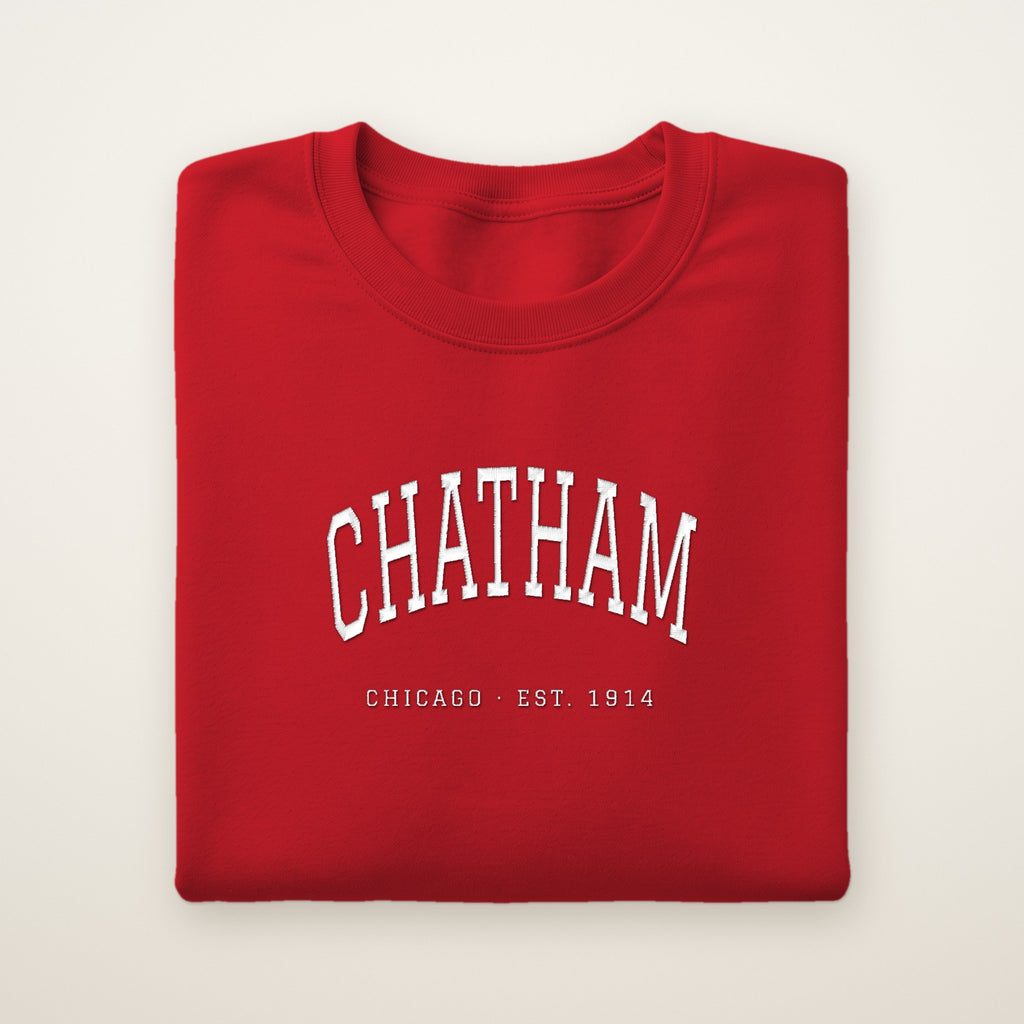 Chatham Chicago Embroidered Crewneck — White Thread on Red