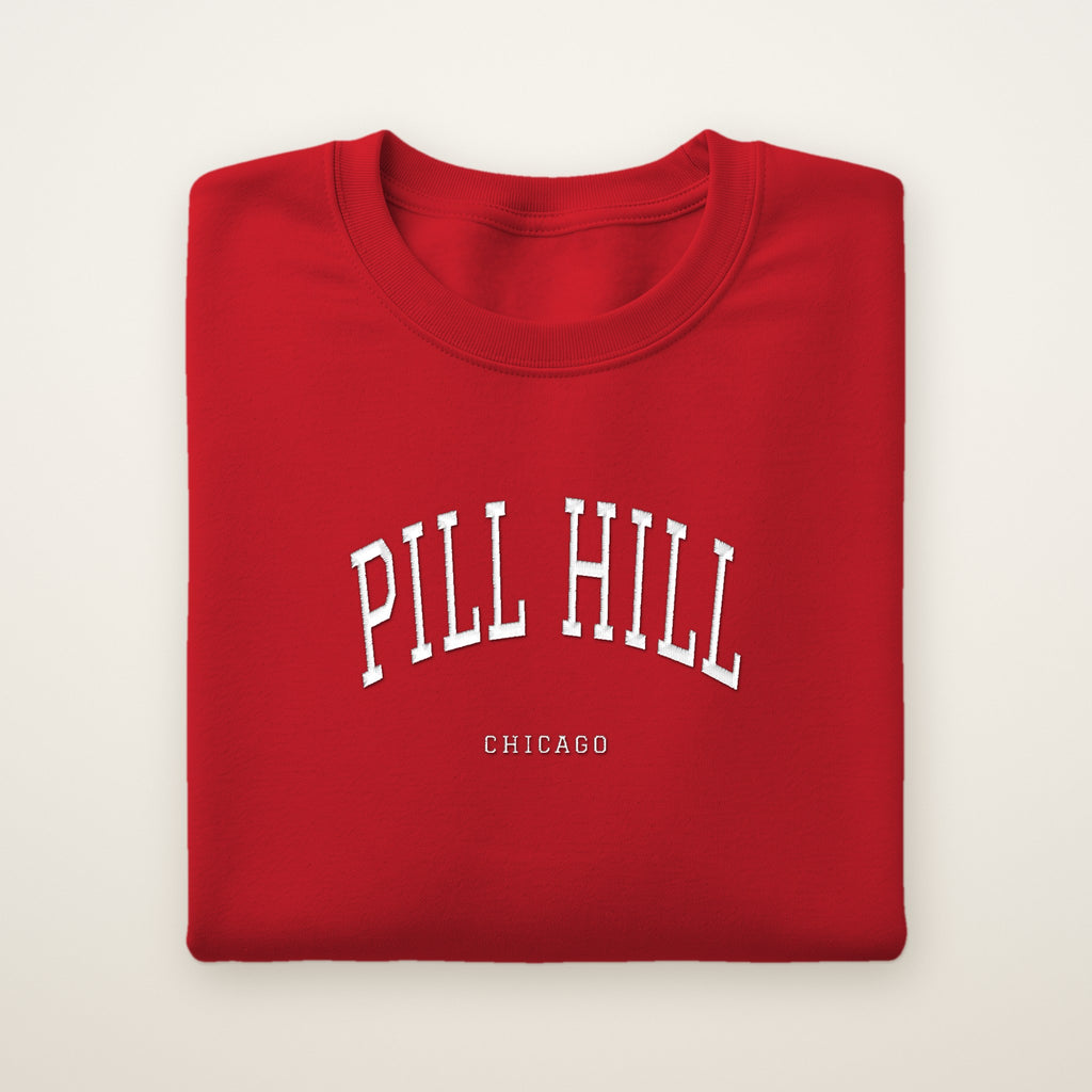 Pill Hill Chicago Embroidered Crewneck — White Thread on Red