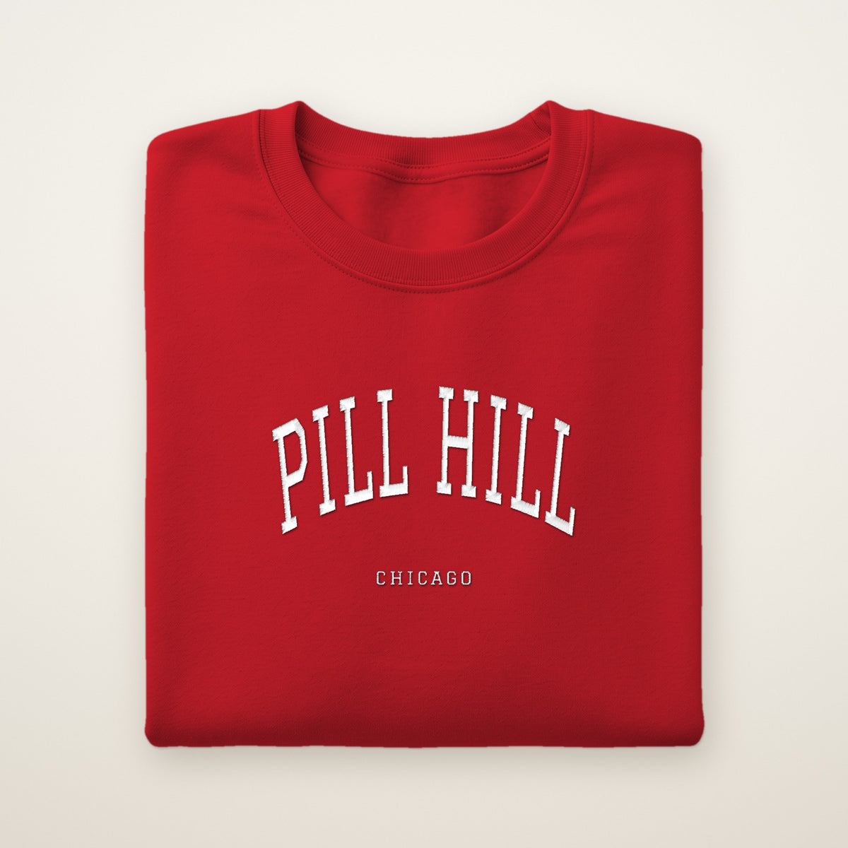 Pill Hill Chicago Embroidered Crewneck — White Thread on Red