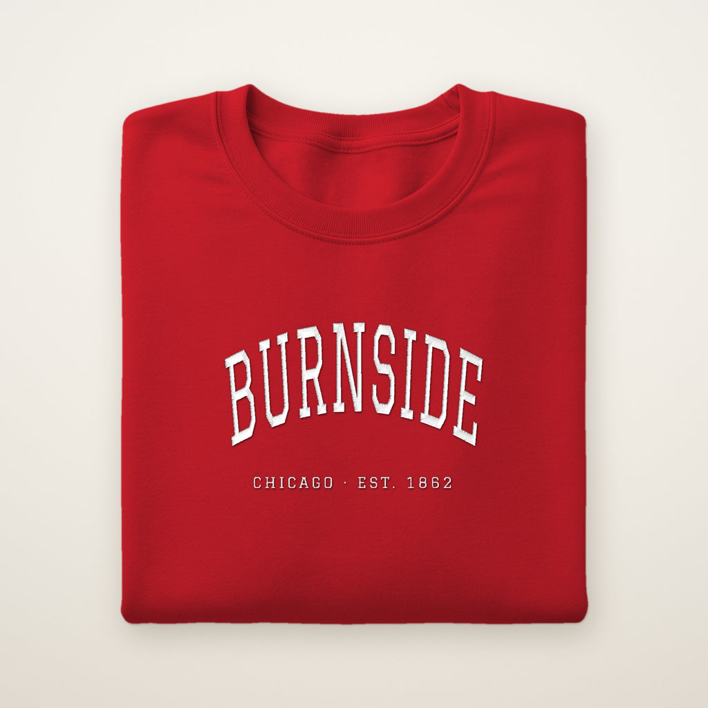 Burnside Chicago Embroidered Crewneck — White Thread on Red