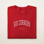 Six Corners Chicago Embroidered Crewneck — White Thread on Red