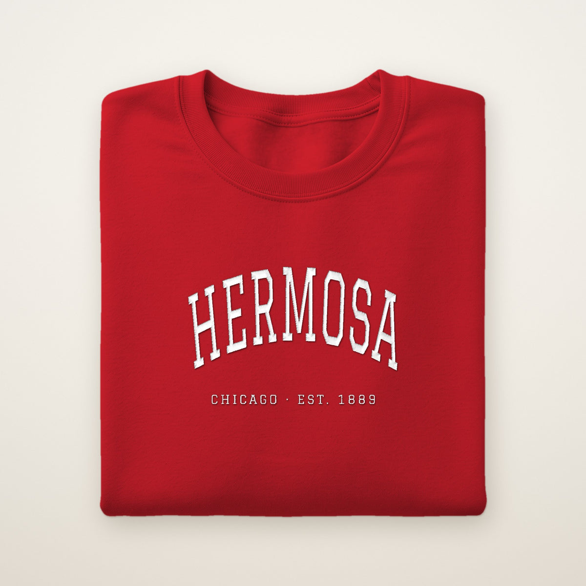Hermosa Chicago Embroidered Crewneck — White Thread on Red