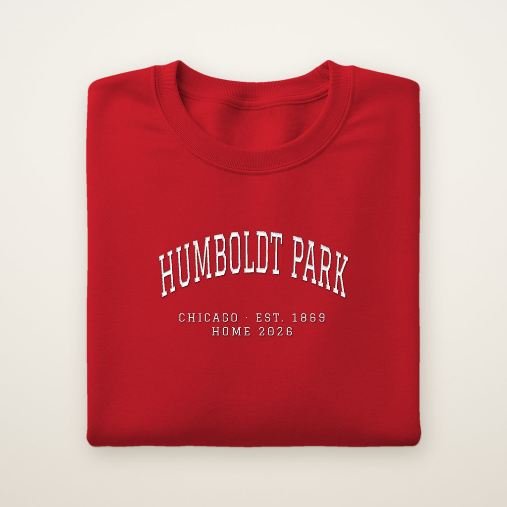 Humboldt Park Chicago Home 2026 Embroidered Crewneck — White Thread on Red