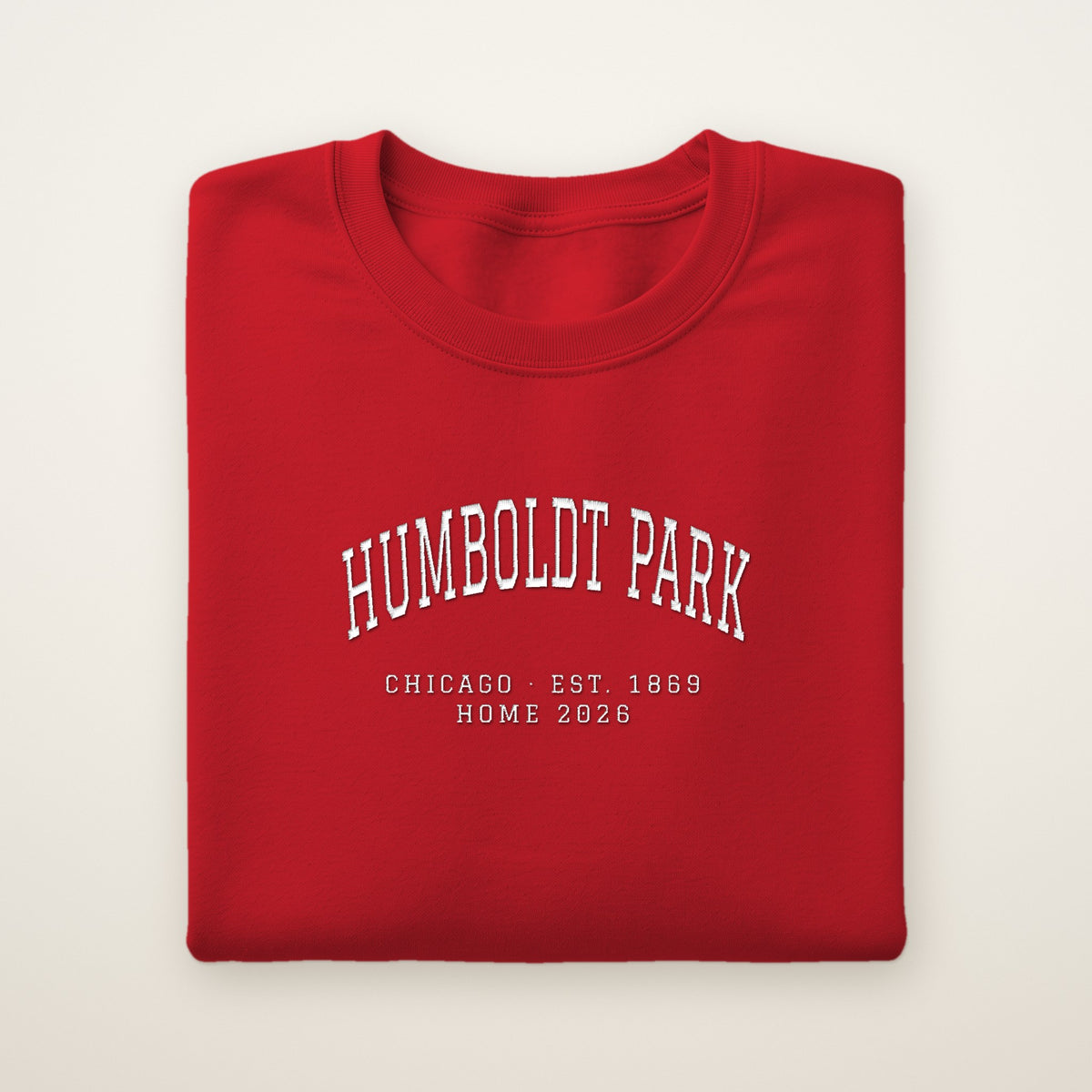 Humboldt Park Chicago Home 2026 Embroidered Crewneck — White Thread on Red
