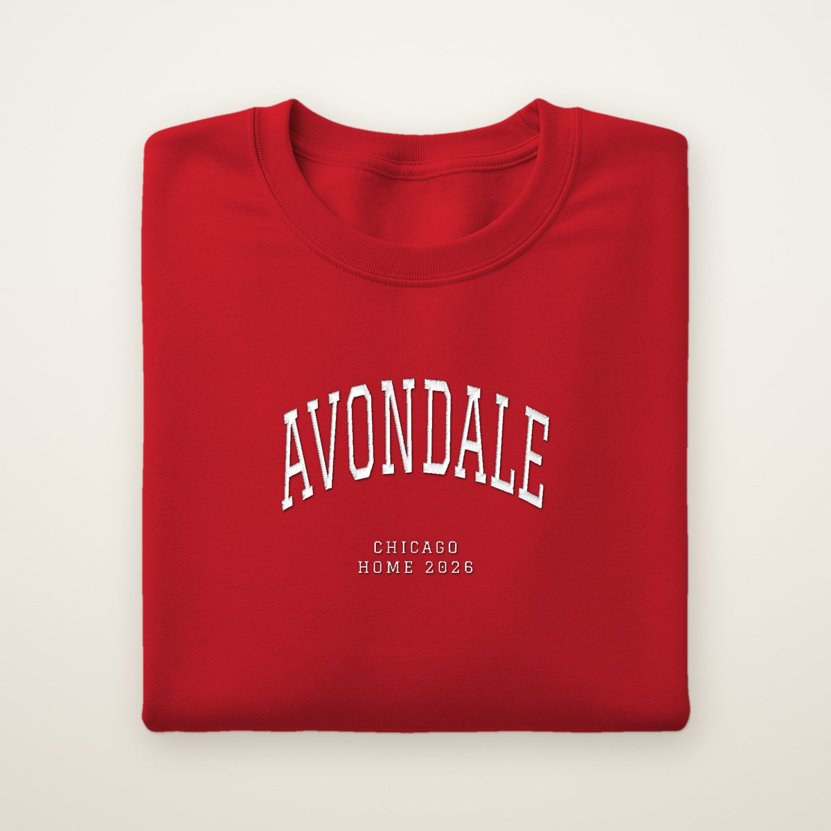 Avondale Chicago Home 2026 Embroidered Crewneck — White Thread on Red