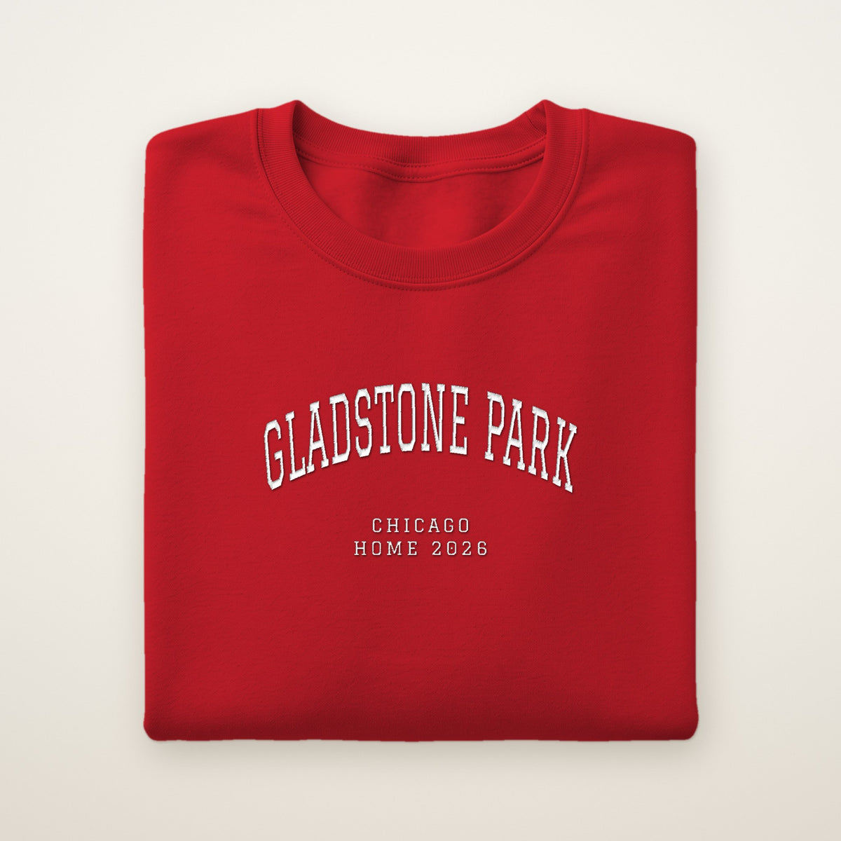 Gladstone Park Chicago Home 2026 Embroidered Crewneck — White Thread on Red