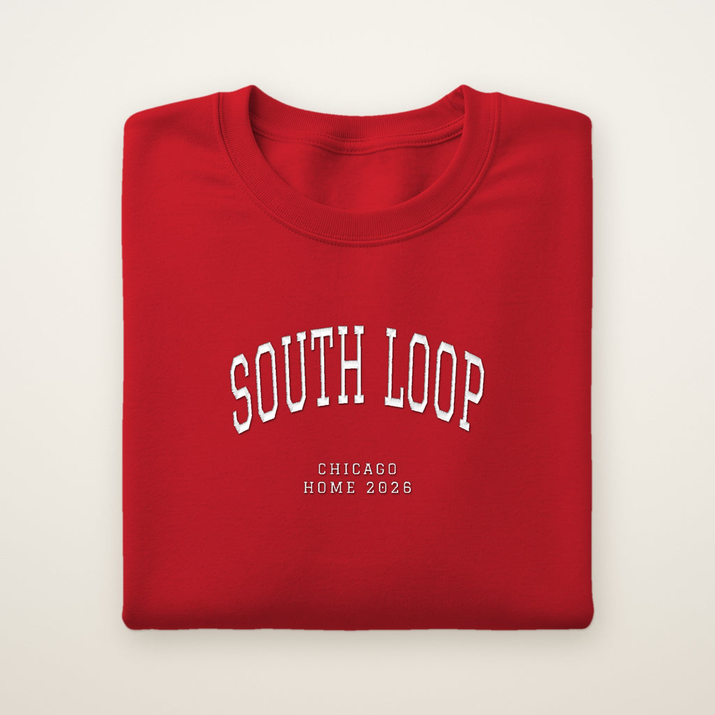 South Loop Chicago Home 2026 Embroidered Crewneck — White Thread on Red