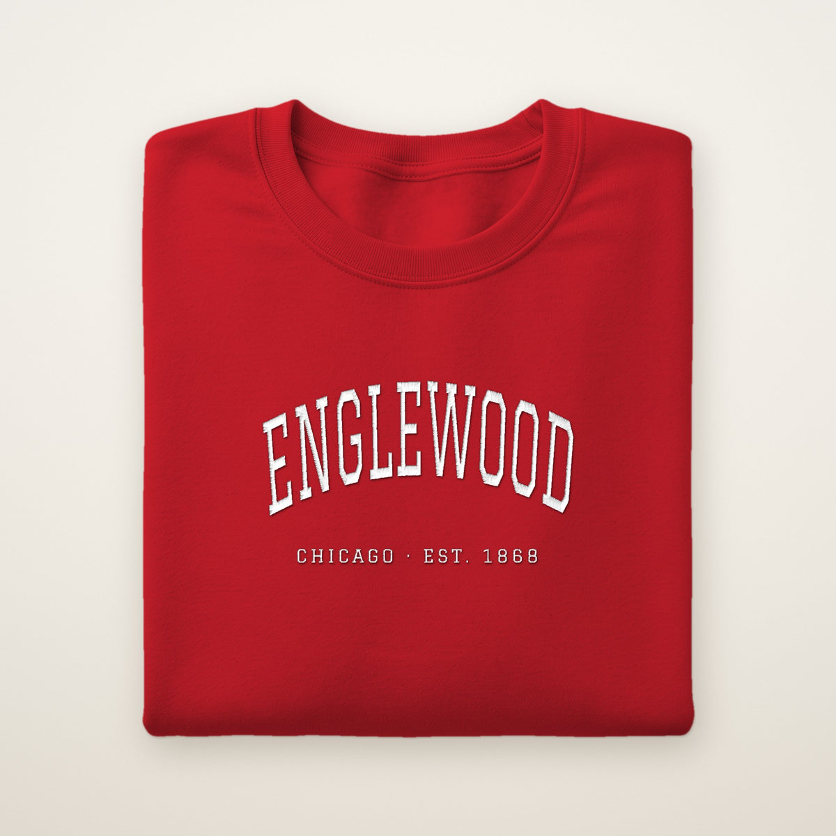 Englewood Chicago Embroidered Crewneck — White Thread on Red