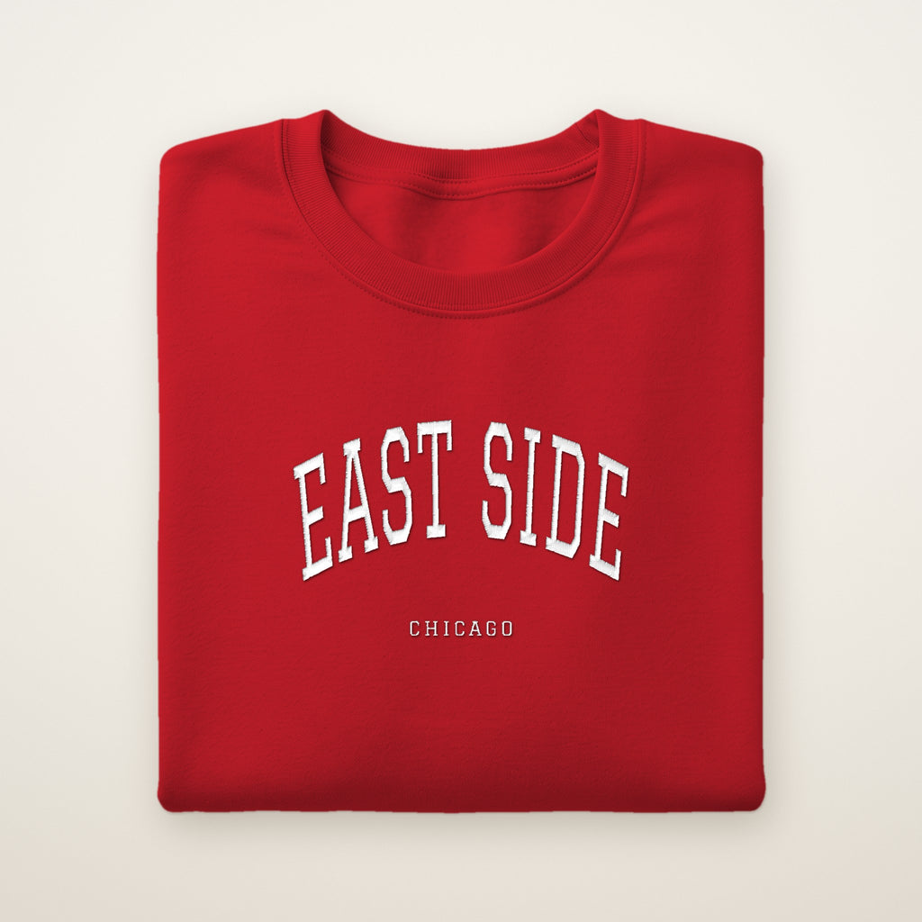 East Side Chicago Embroidered Crewneck — White Thread on Red
