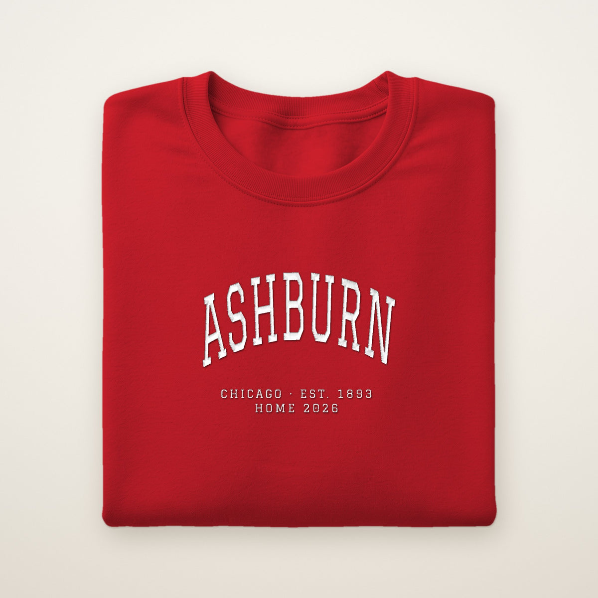 Ashburn Chicago Home 2026 Embroidered Crewneck — White Thread on Red