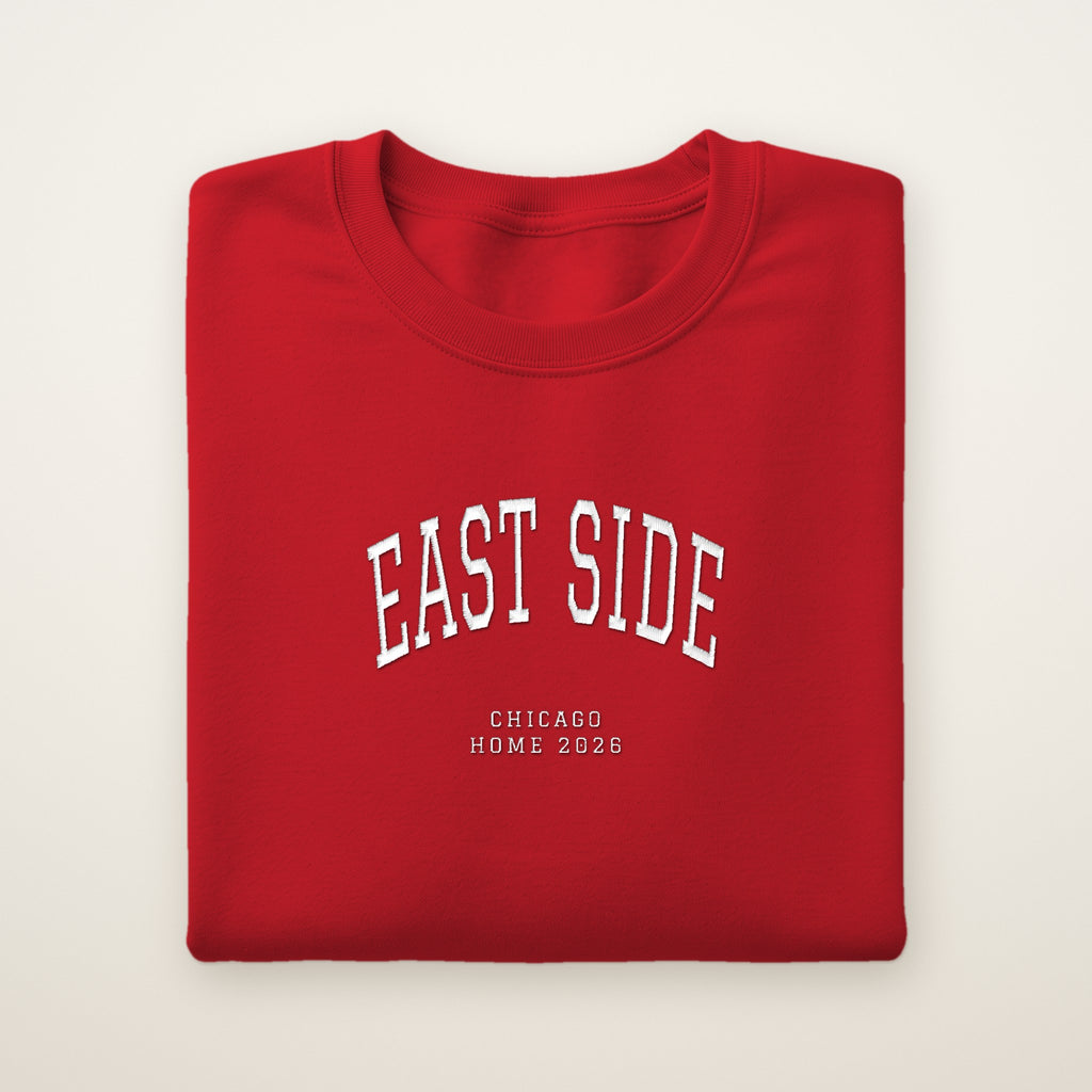 East Side Chicago Home 2026 Embroidered Crewneck — White Thread on Red