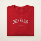 Dearborn Park Chicago Embroidered Crewneck — White Thread on Red