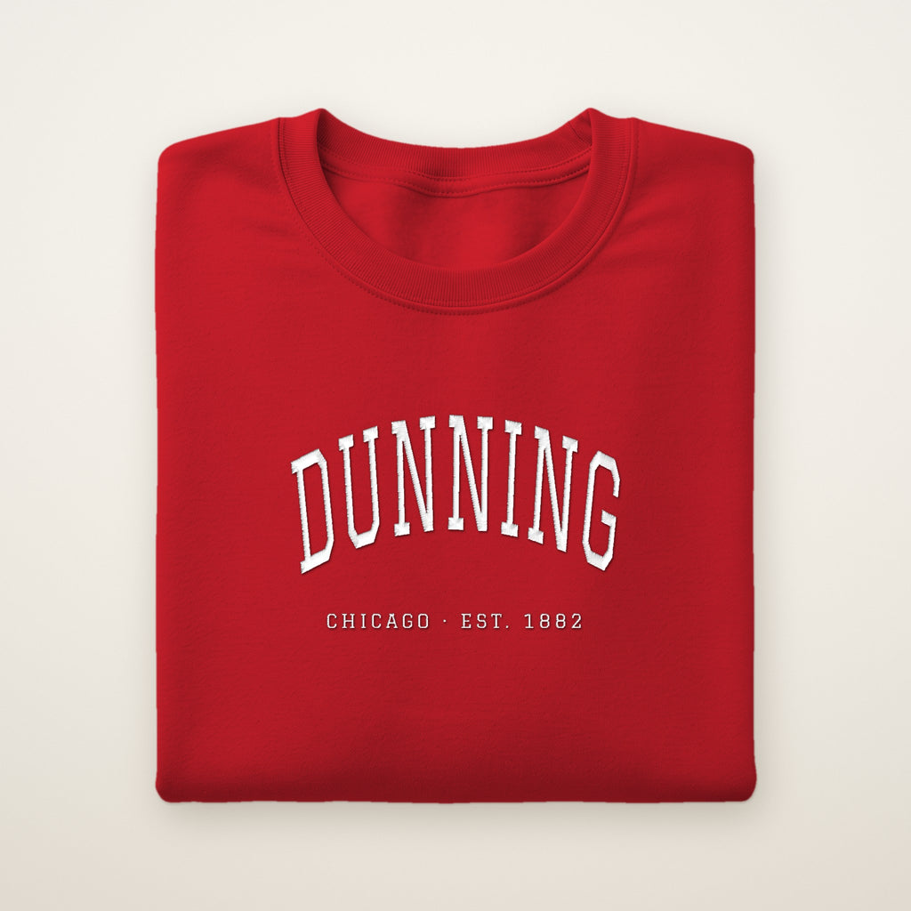 Dunning Chicago Embroidered Crewneck — White Thread on Red