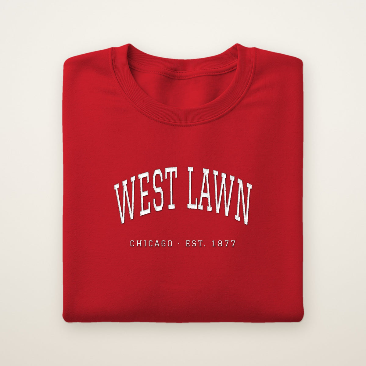 West Lawn Chicago Embroidered Crewneck — White Thread on Red
