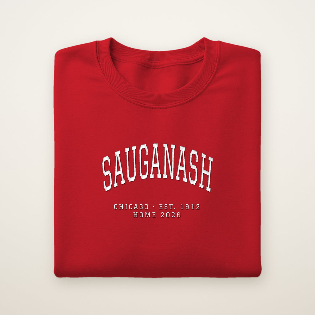 Sauganash Chicago Home 2026 Embroidered Crewneck — White Thread on Red
