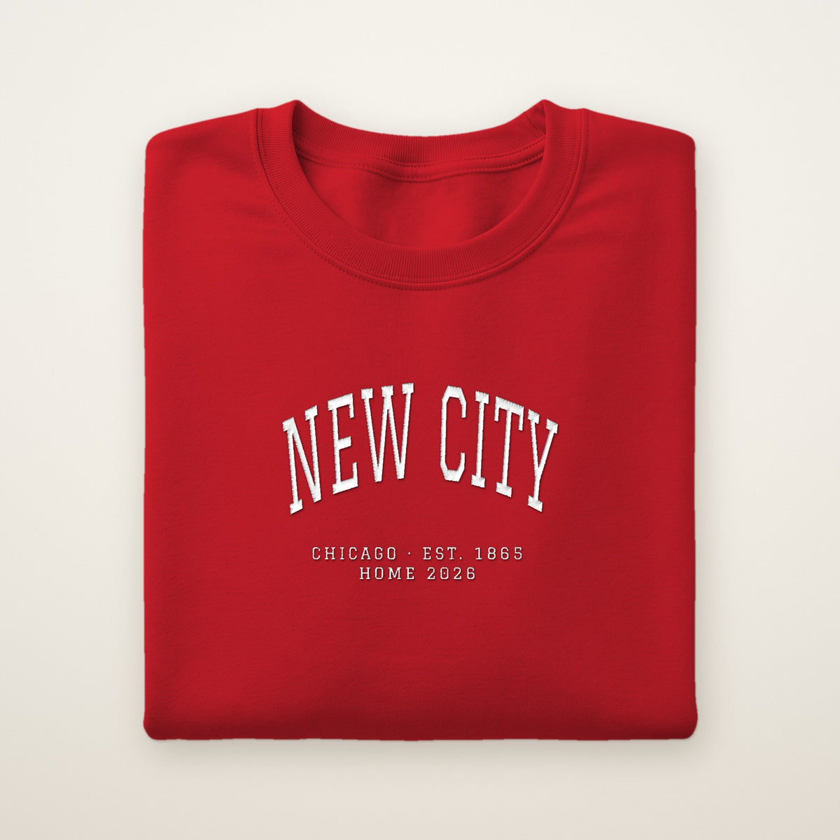 New City Chicago Home 2026 Embroidered Crewneck — White Thread on Red