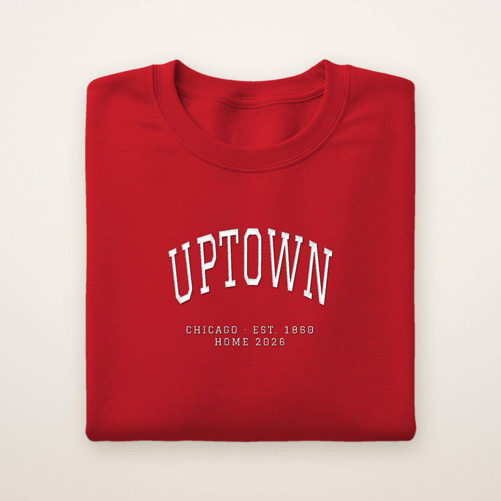 Uptown Chicago Home 2026 Embroidered Crewneck — White Thread on Red
