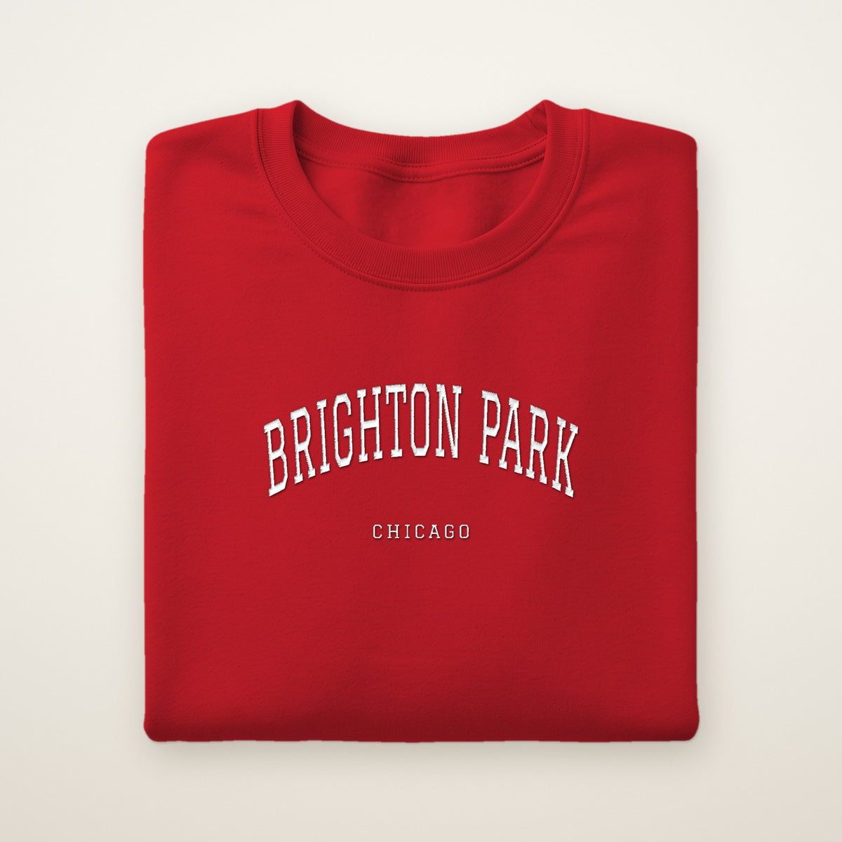 Brighton Park Chicago Embroidered Crewneck — White Thread on Red