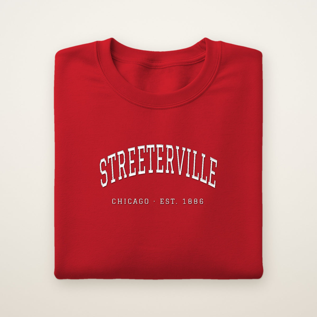 Streeterville Chicago Embroidered Crewneck — White Thread on Red