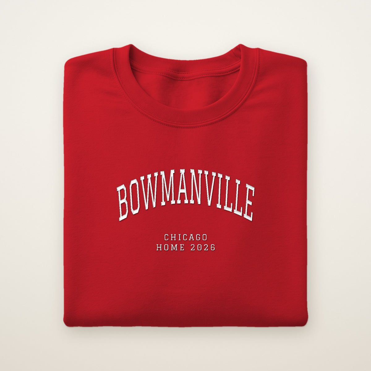 Bowmanville Chicago Home 2026 Embroidered Crewneck — White Thread on Red