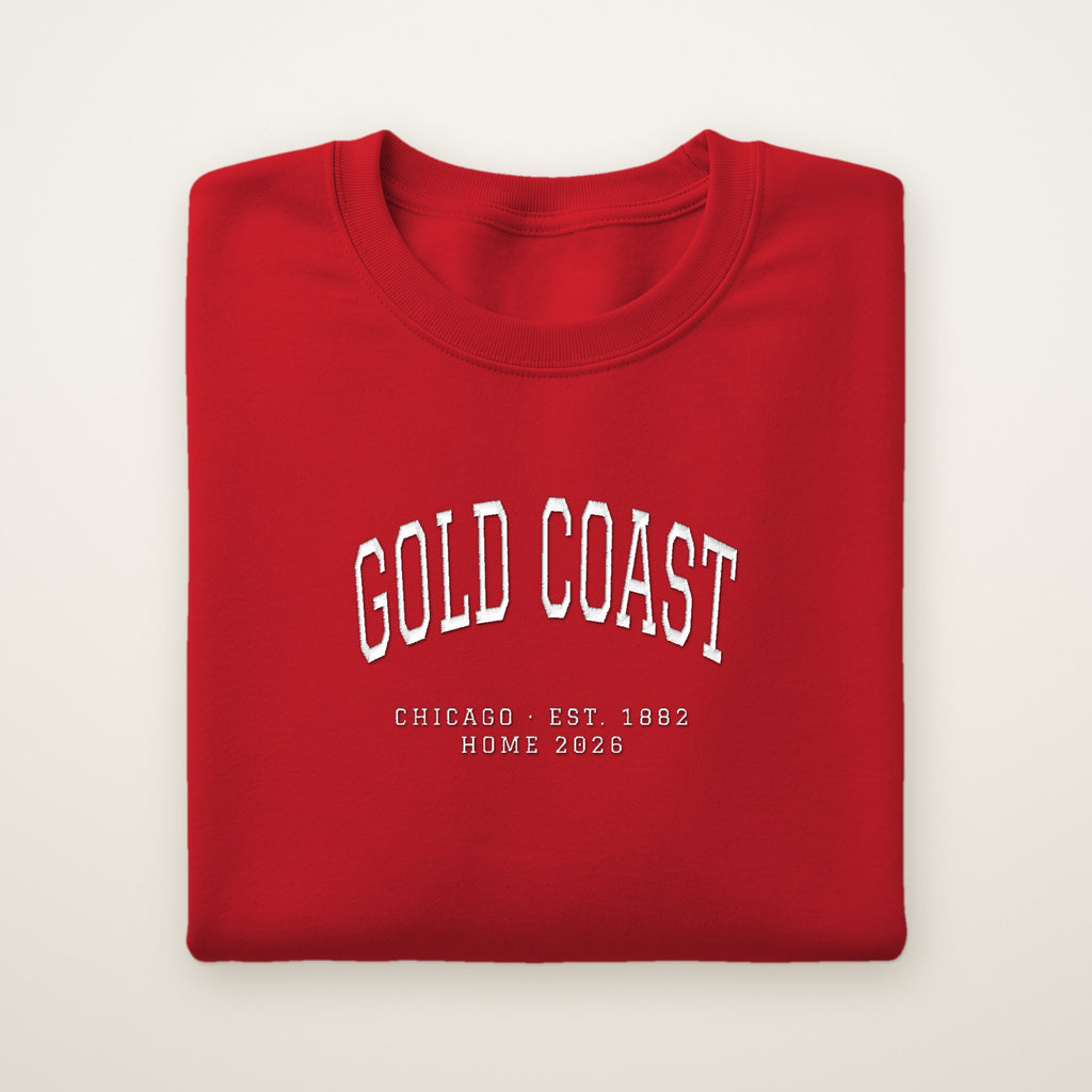 Gold Coast Chicago Home 2026 Embroidered Crewneck — White Thread on Red