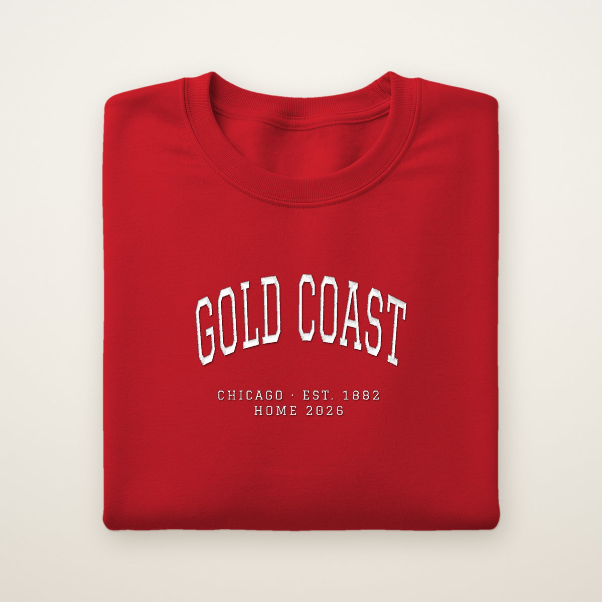 Gold Coast Chicago Home 2026 Embroidered Crewneck — White Thread on Red
