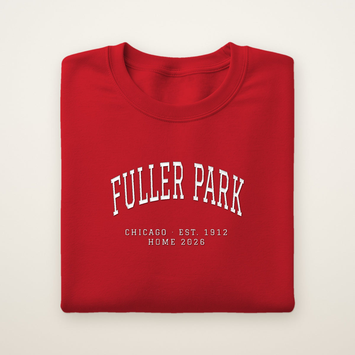 Fuller Park Chicago Home 2026 Embroidered Crewneck — White Thread on Red