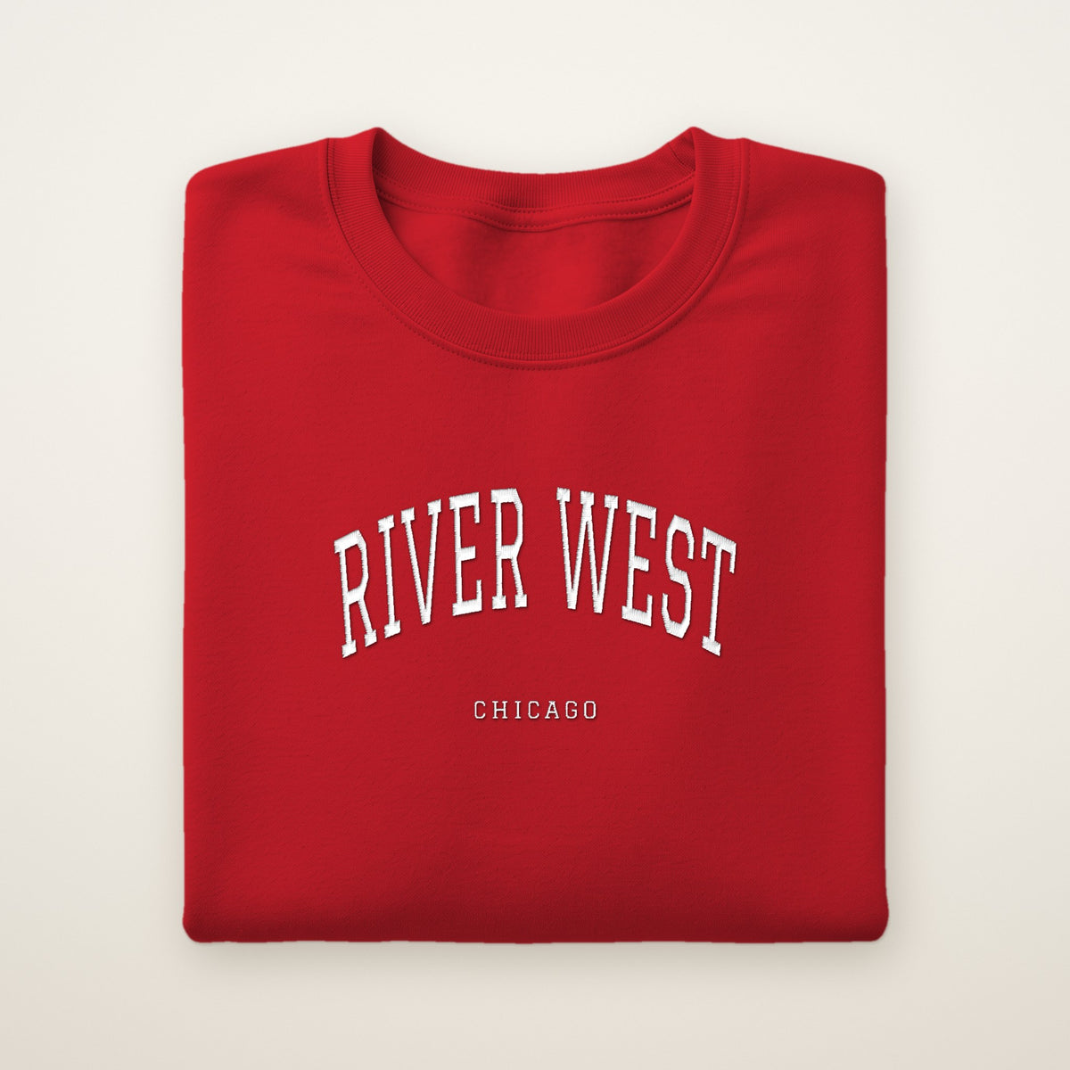 River West Chicago Embroidered Crewneck — White Thread on Red