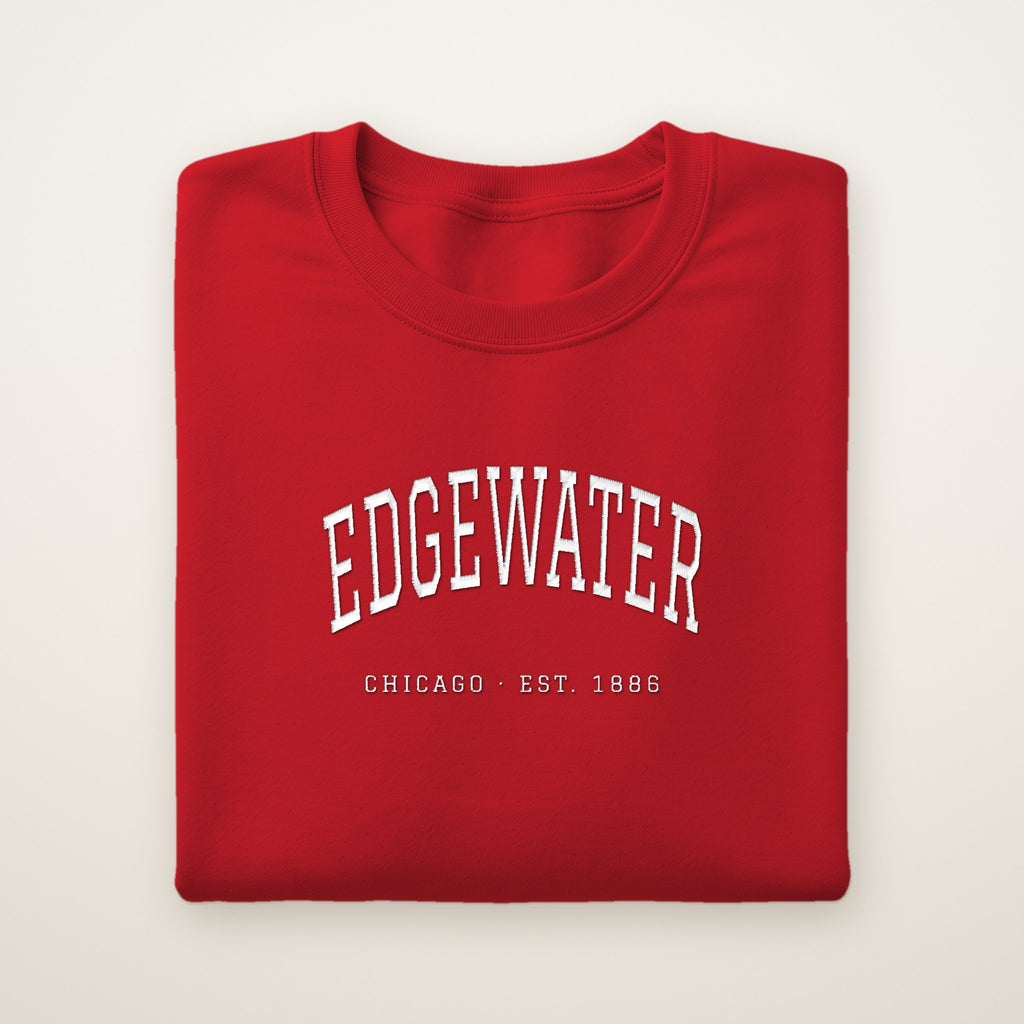 Edgewater Chicago Embroidered Crewneck — White Thread on Red
