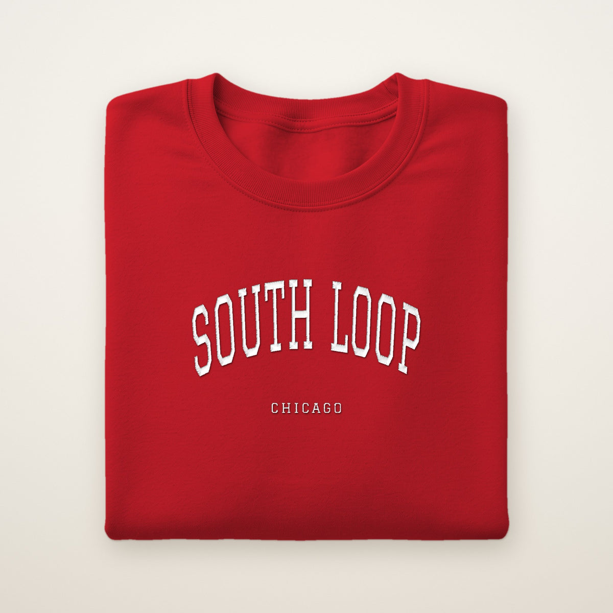 South Loop Chicago Embroidered Crewneck — White Thread on Red